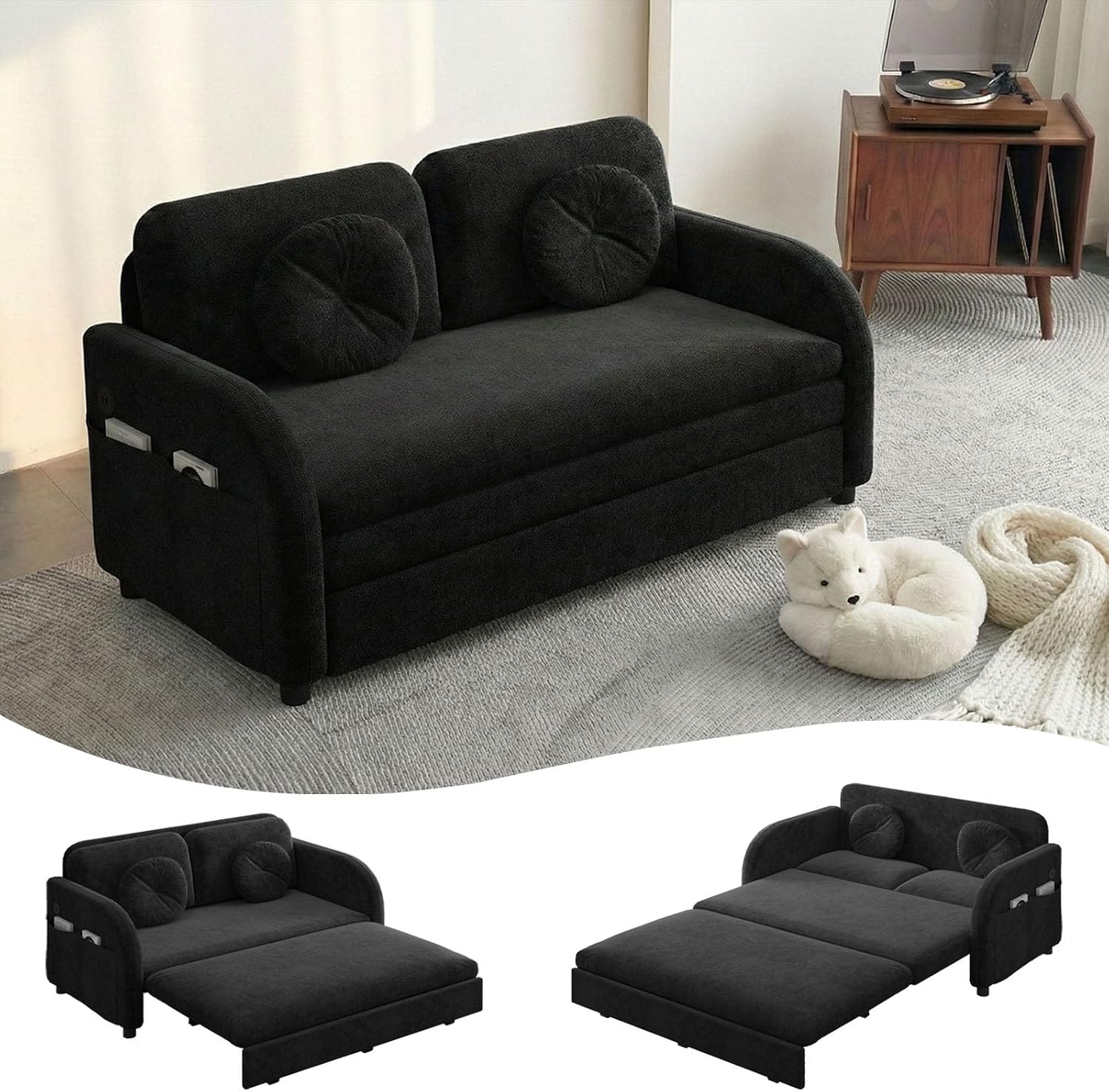 3-in-1 Sleeper Sofa Loveseat with Pull-Out Bed, Chenille Convertible Couch with Double-Layer Cushions, USB Ports & Storage Pockets for Living Room and Apartment (Black, 52.4) | Convertible Sleeper