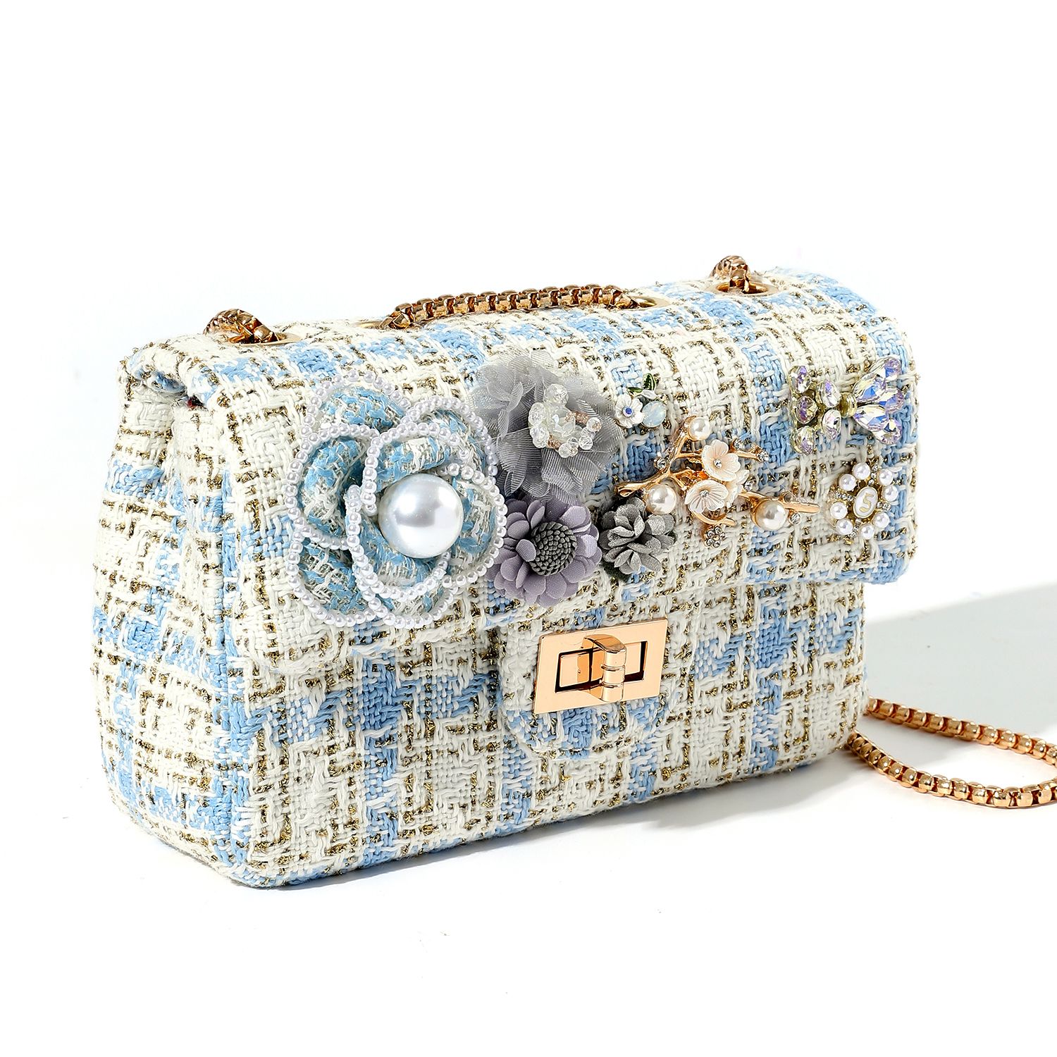 PEACH ACCESSORIES Blue White Tweed Bag with Pearl and Flowers Accents
