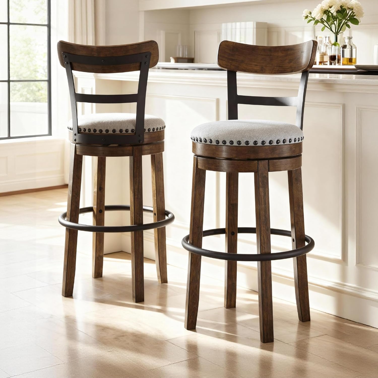 Signature Design by Ashley Valebeck | 30″ Farmhouse Pub-Height Swivel Barstool With Back – Upholstered Cushion, Nailhead Trim, Metal & Wood Frame, Brown