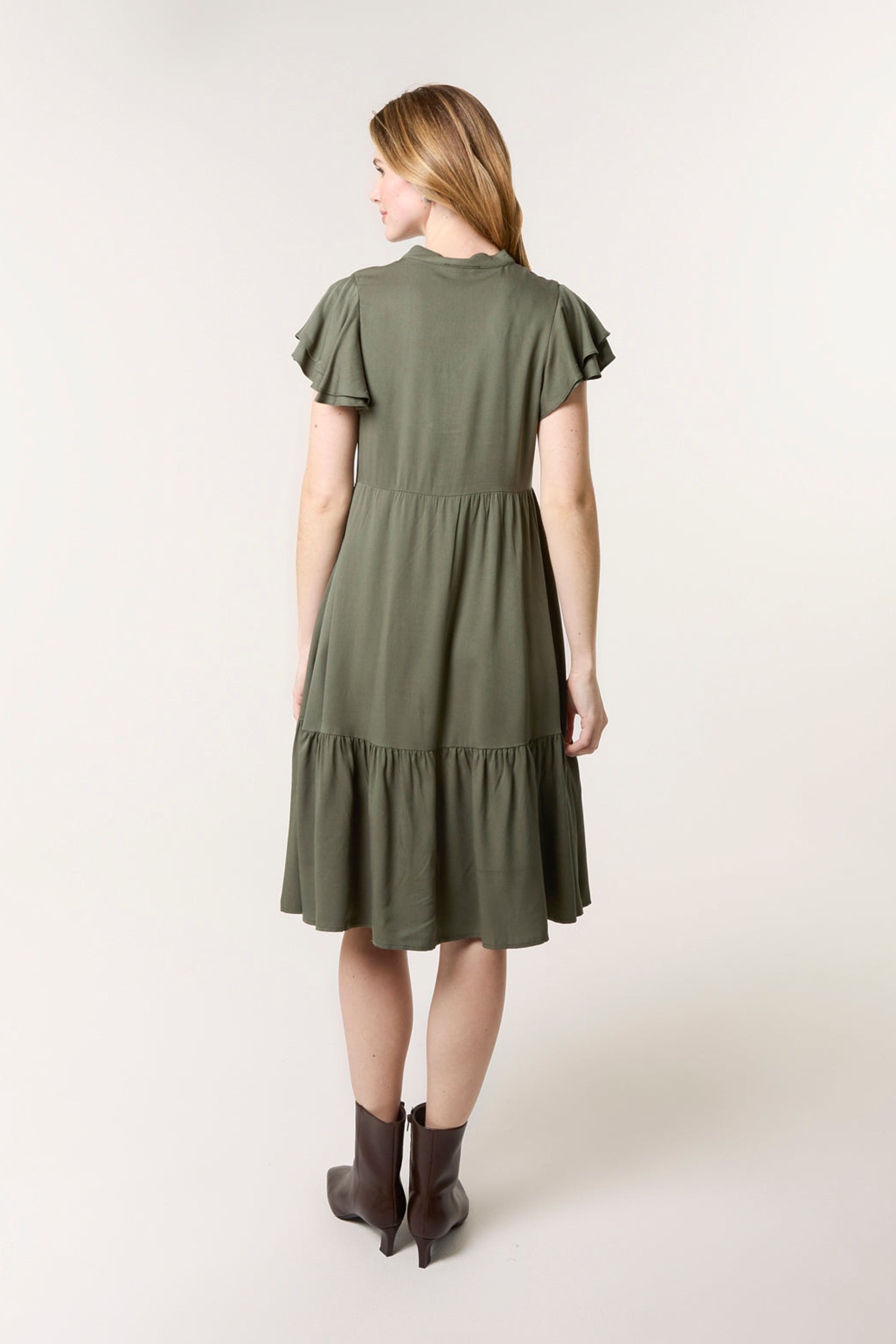 Blue Vanilla Khaki Angel Sleeve Button Front Midi Dress