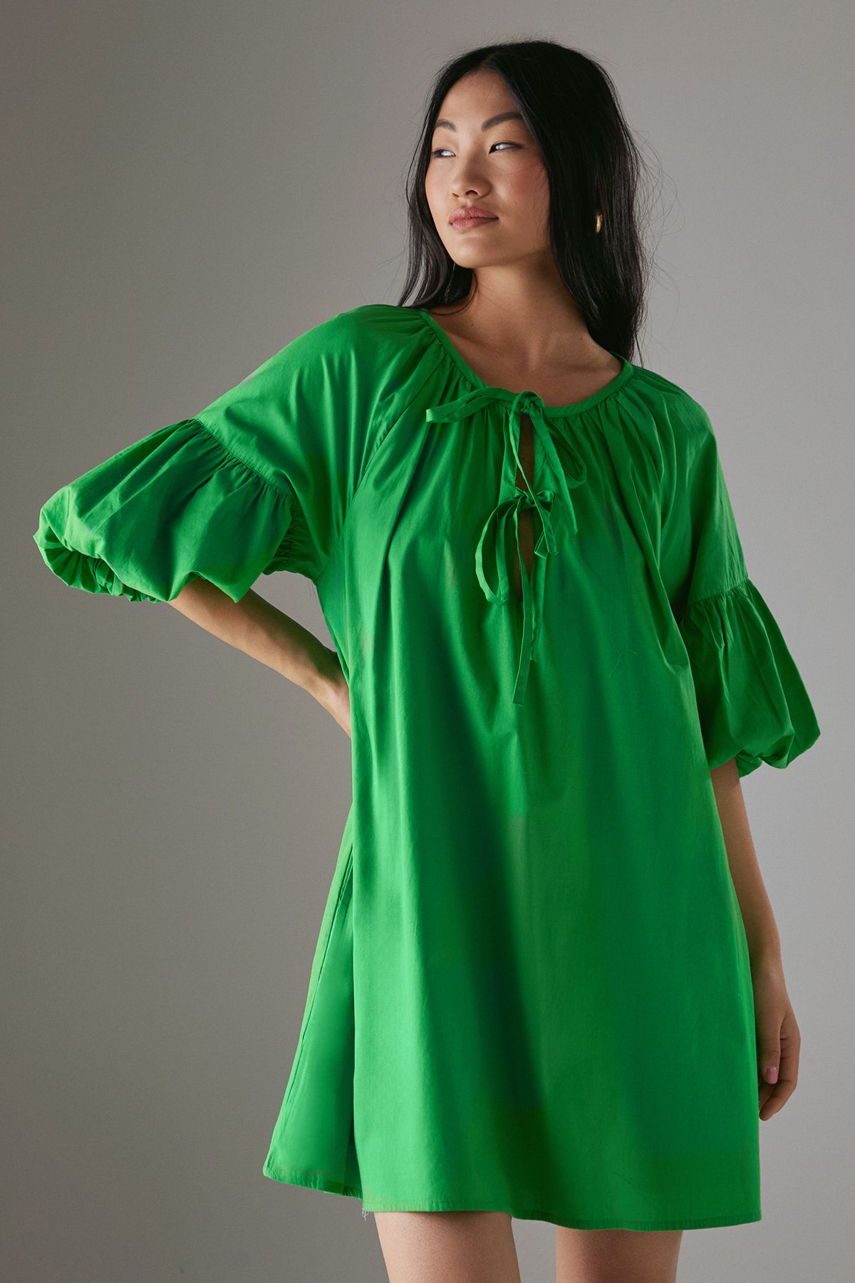 Warehouse Petite Cotton Tie Front Mini Smock Dress