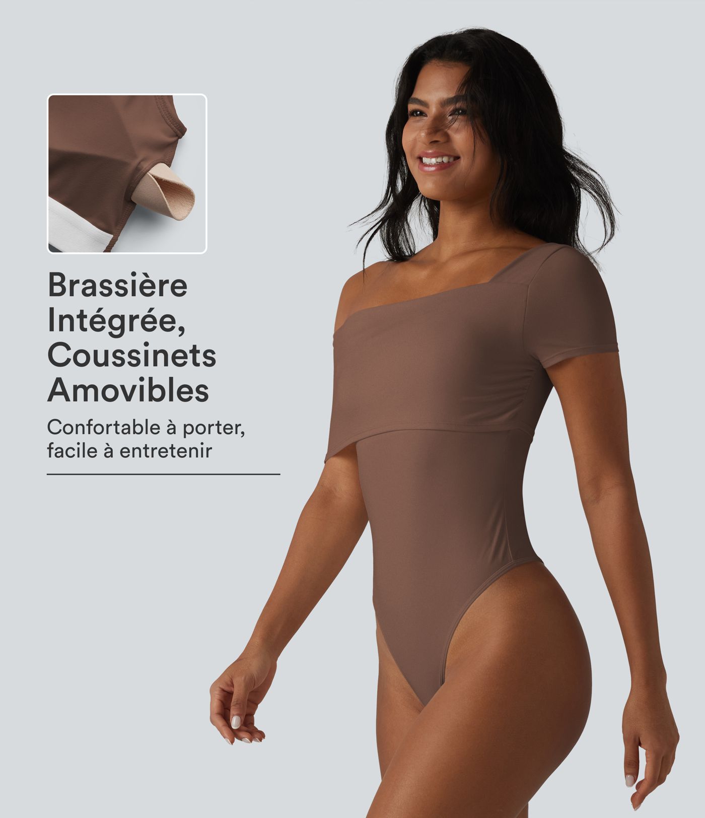Body casual col asymétrique manches courtes avec soutien-gorge intégré