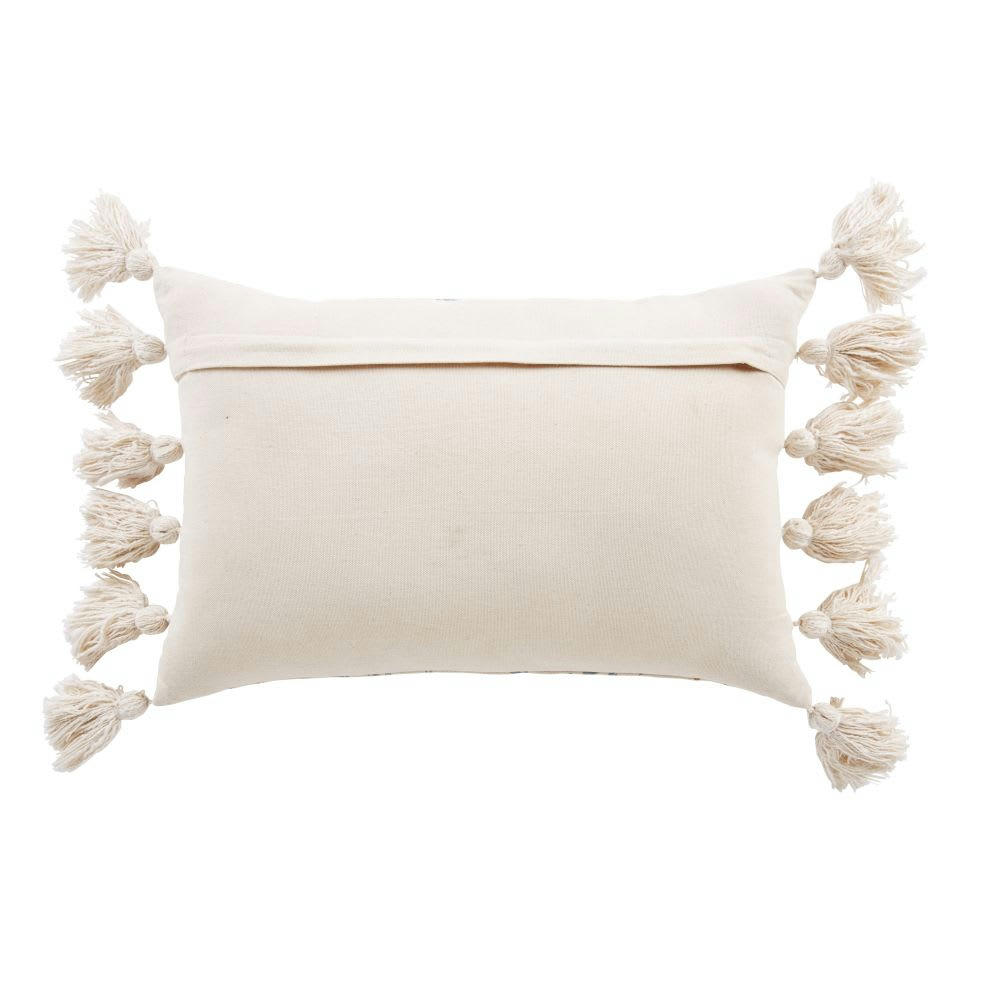MAKA - Coussin en coton écru et bleu imprimé avec broderies 30x50