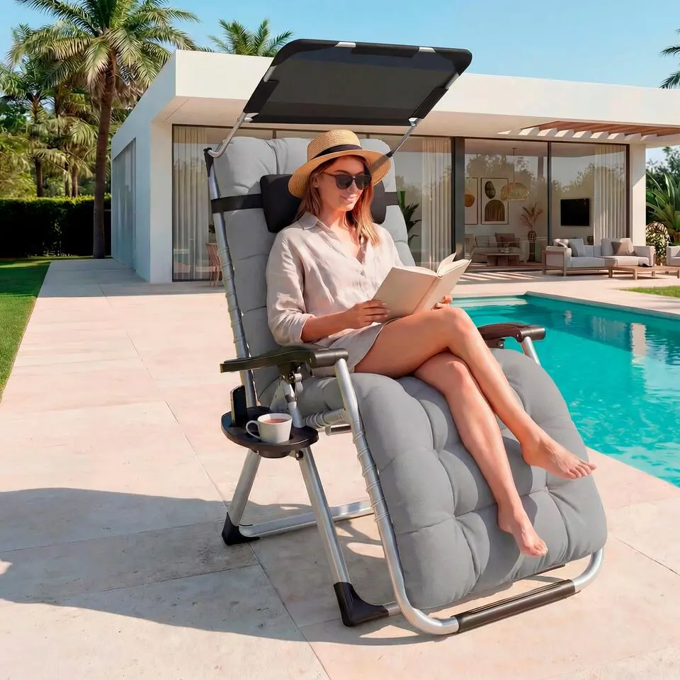 tectake Ligstoel Cloud II met zonnekap, opvouwbaar, Lichtgrijs