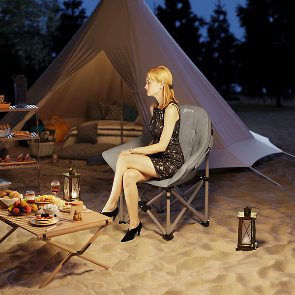 Chaise de camping pliante rembourrée revêtement toucher daim grand confort rangements sac inclus gris