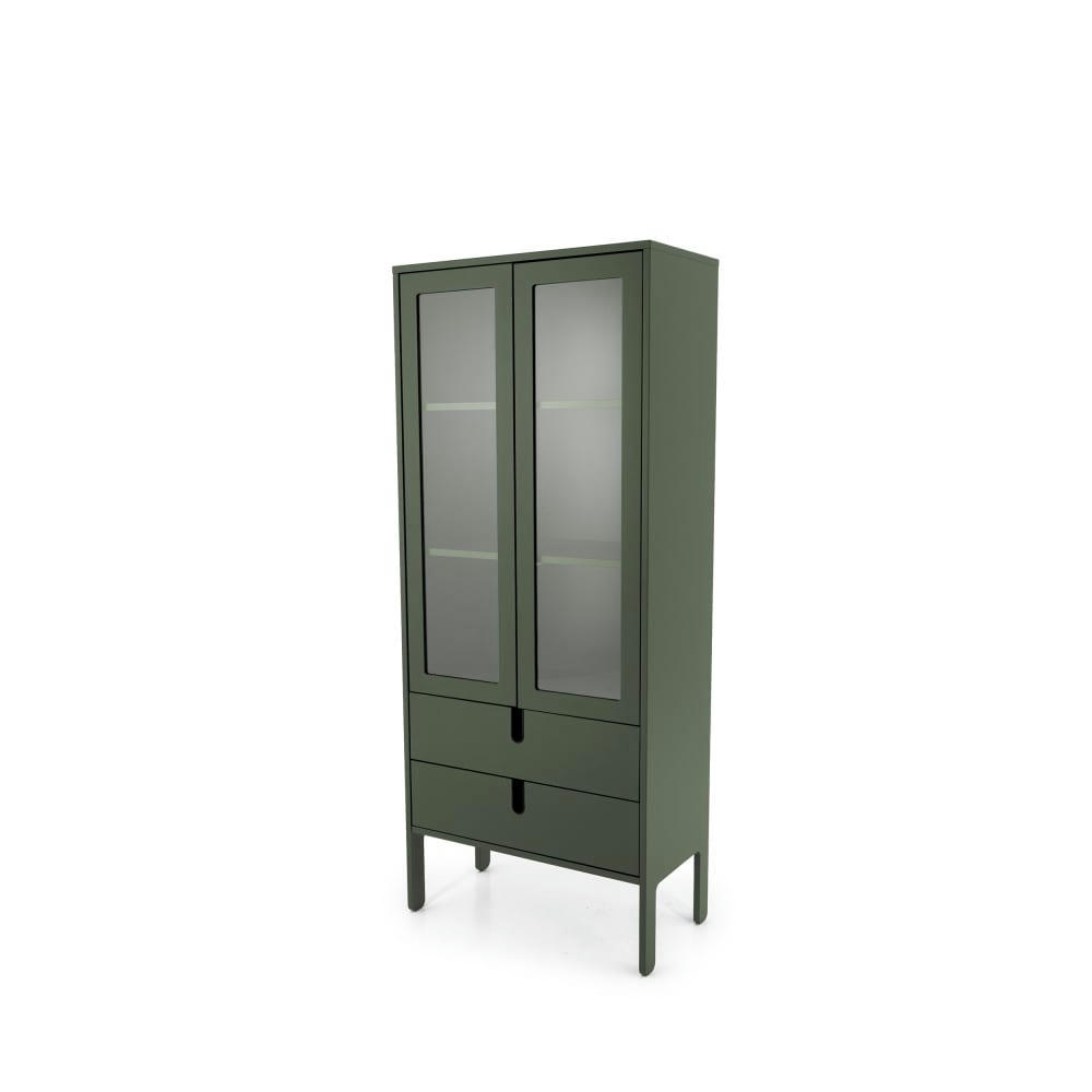 UNO - Vitrine en bois 2 portes 2 tiroirs H178cm vert kaki