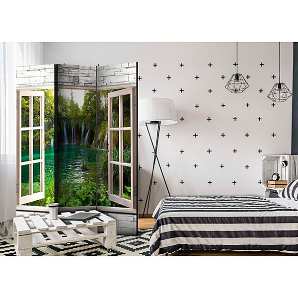Paravent Trésor Vert Décoratif - évasion Nature en 3 Volets 135 x 172 cm Vert et Blanc