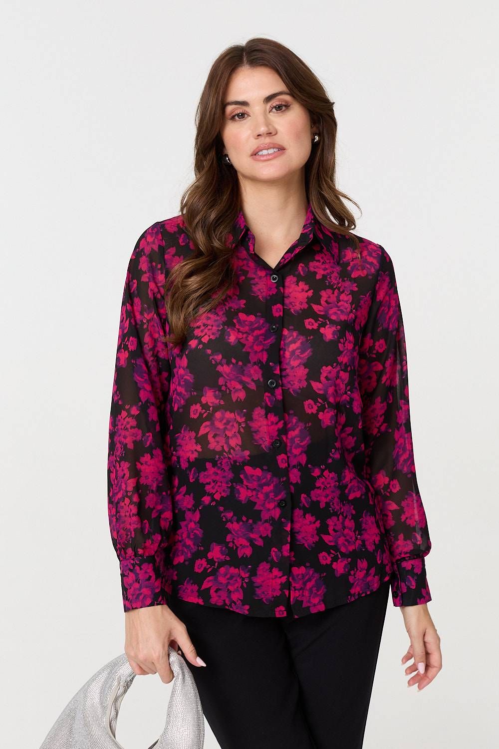 Izabel London Floral Semi Sheer Long Sleeve Shirt
