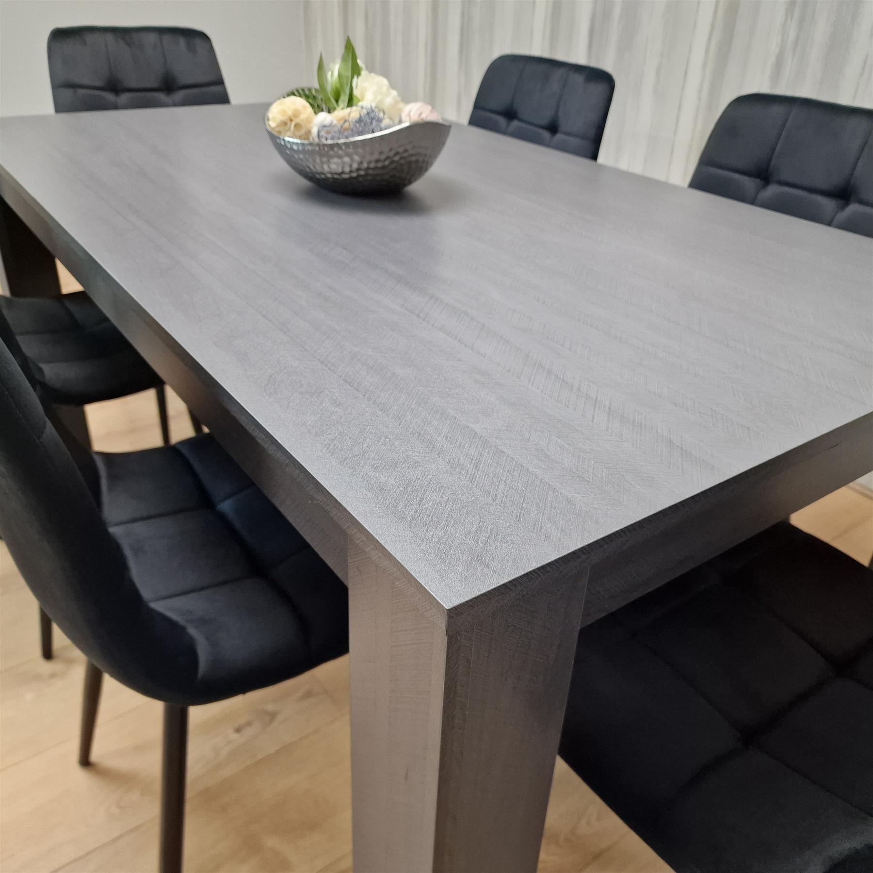 KOSY KOALA Dining Table and 6 Chairs Black Dark Grey 6 Black Velvet Chairs Wood Dining Set Furniture