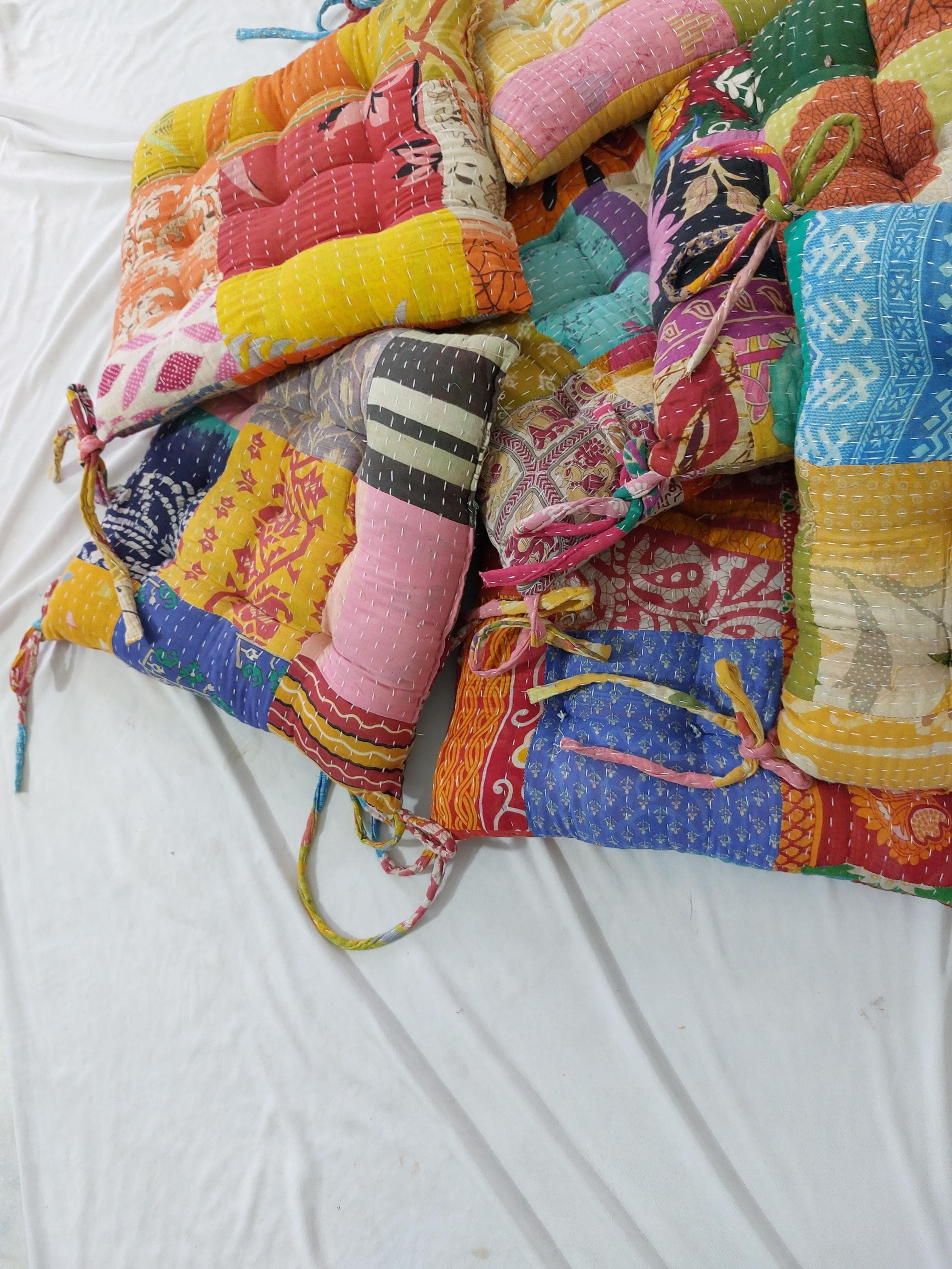 Set of 2 Vintage Kantha Chair Pads: Handmade Cotton Seat Cushions