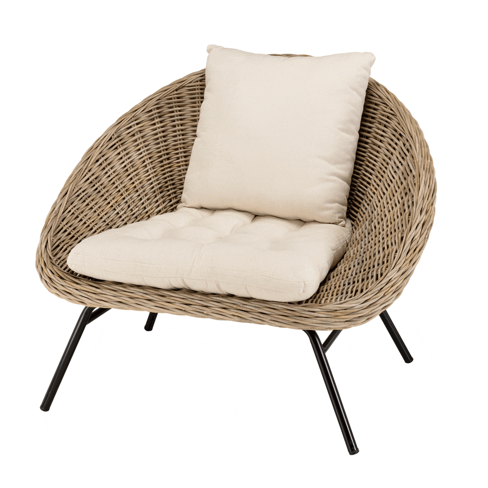 Fauteuil détente en kubu et rotin 2 coussins blancs MANY