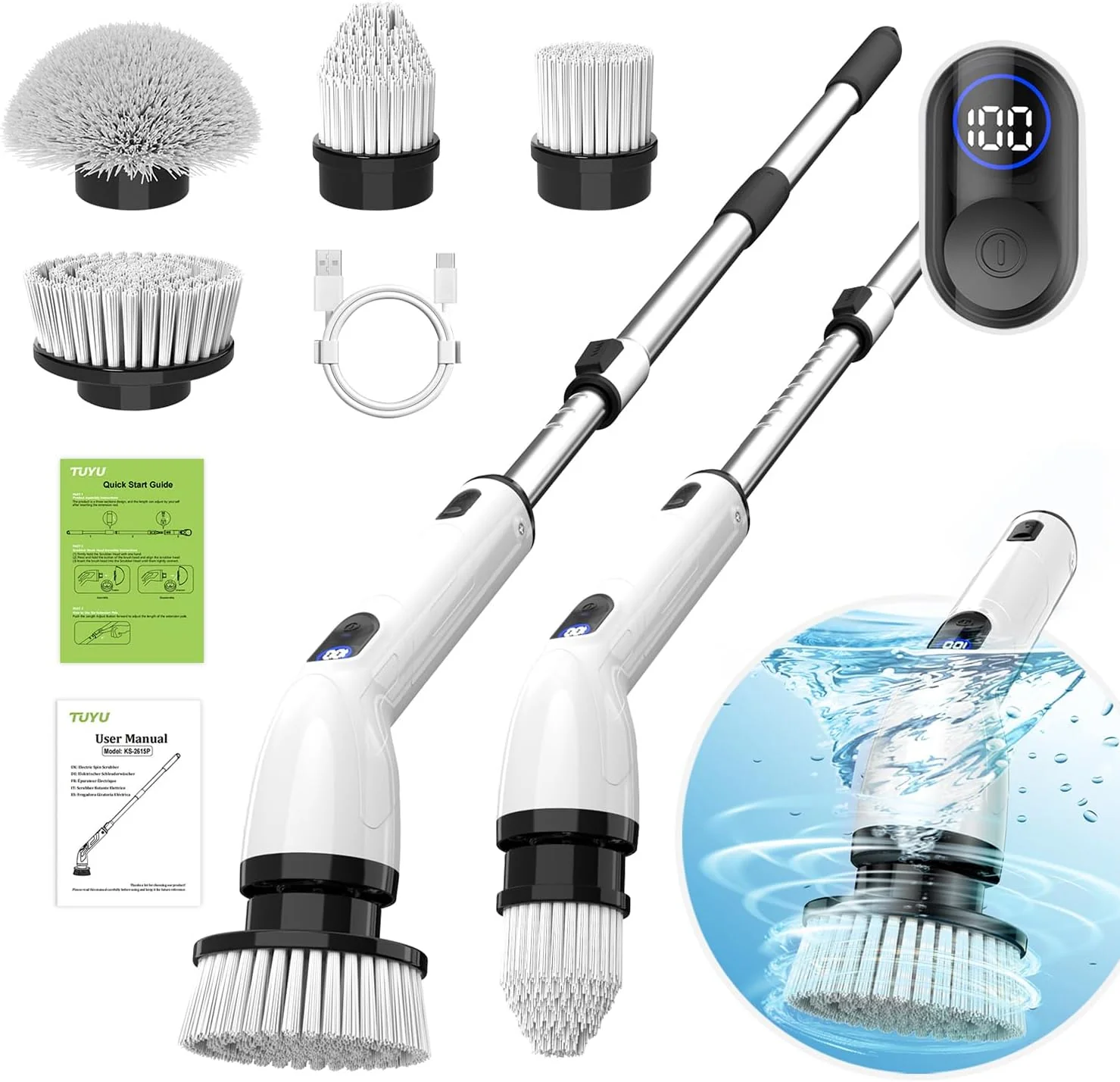 Electric Spin Scrubber, Full-Body IPX7 Waterproof Bathroom Scrubber with Power LCD Display, Adjustable Extension Handle, Cordless Shower Cleaner Brush for Bathtub Kitchen Wall Cleaning(Black)