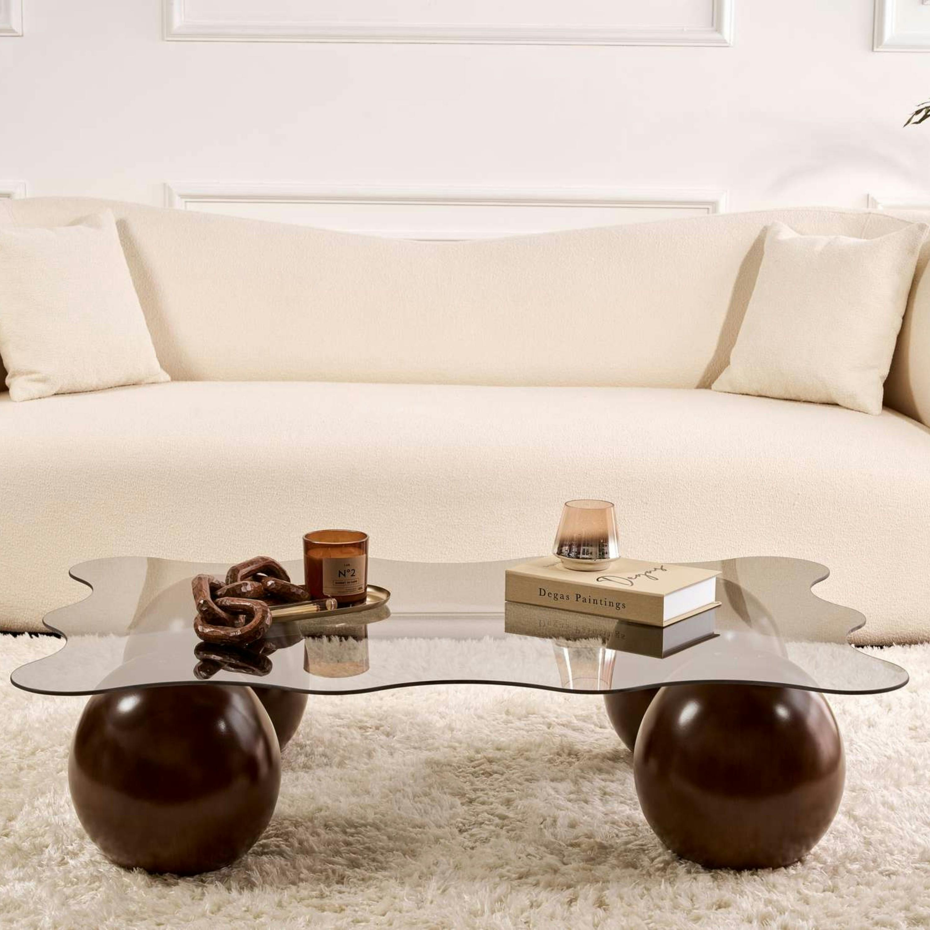Table basse verre fumé design organique 4 pieds boule KOCHI