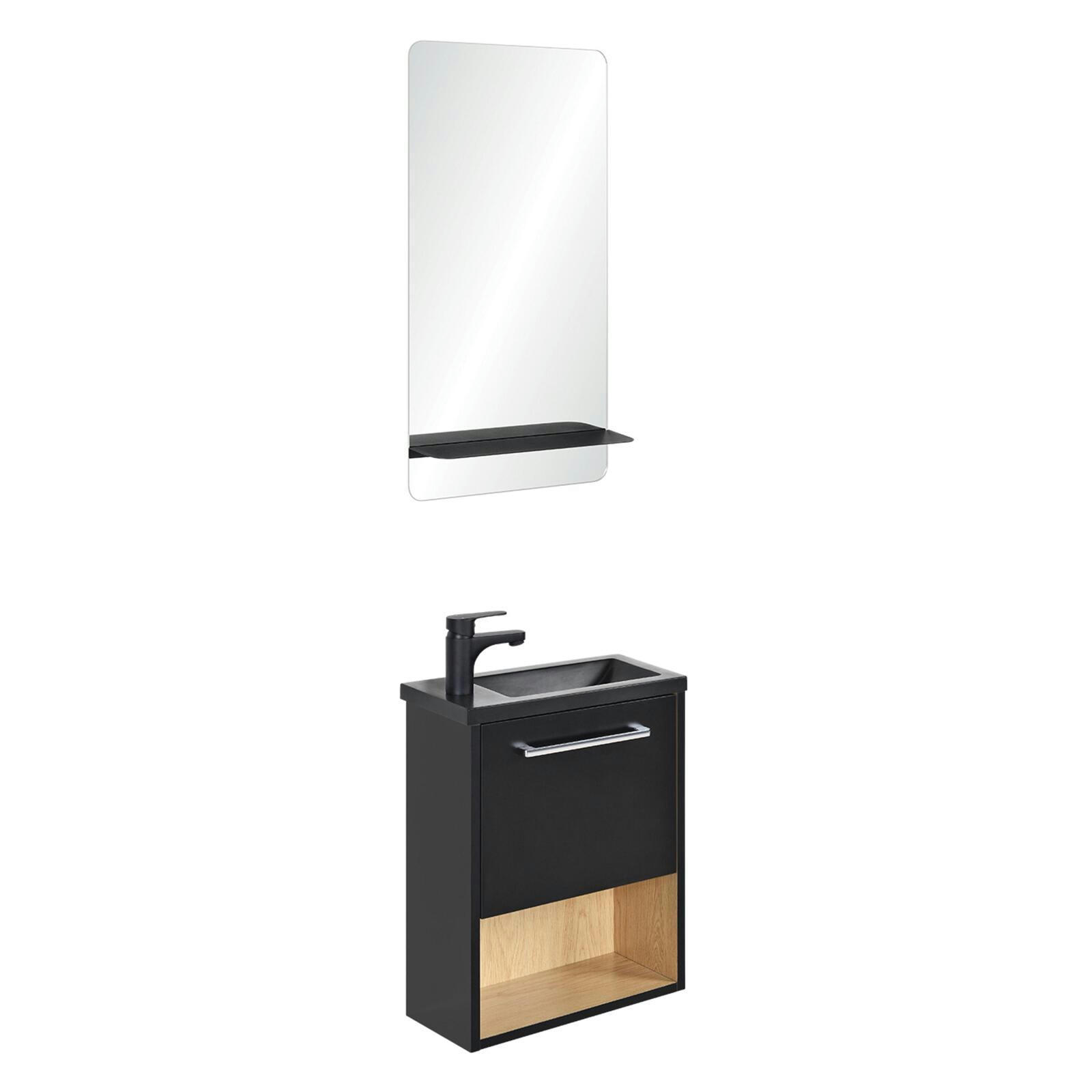 NIKA - Meuble lave-mains  Noir intérieur décor chêne + robinet noir + miroir