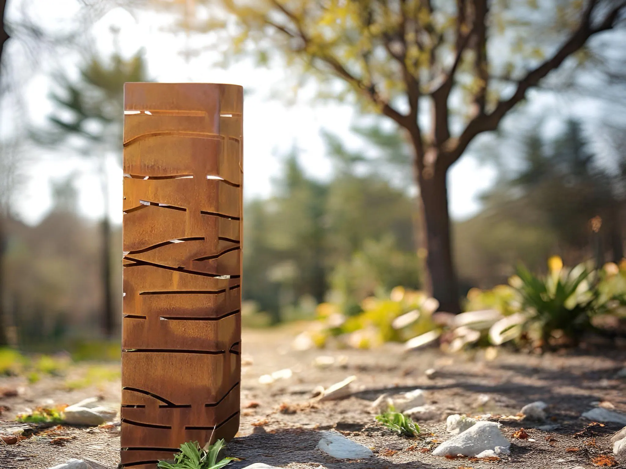 Modern Steel Garden Bollard with Horizontal Cut-Outs | Outdoor Lighting Column, Landscape Light Box, Decorative Yard Feature | C402