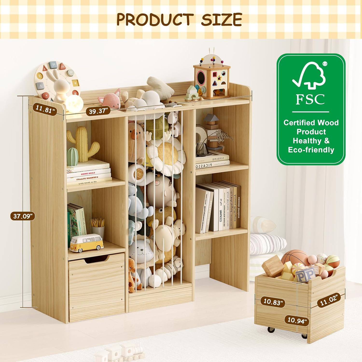 Toy Storage Organizer with Stuffed Animal Storage, Solid Pine Wooden Toy Organizer & Stuffed Animal Zoo, 4 Cubes Shelf with 2 Movable Drawers, 4 -in-1 Book Shelf for Kids Room, Playroom, Nursery