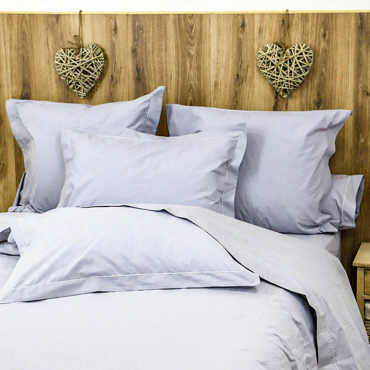 PARURE DRAP ET TAIE DESIREE - Parure drap plat et taies en percale de coton gris clair 180x290 cm