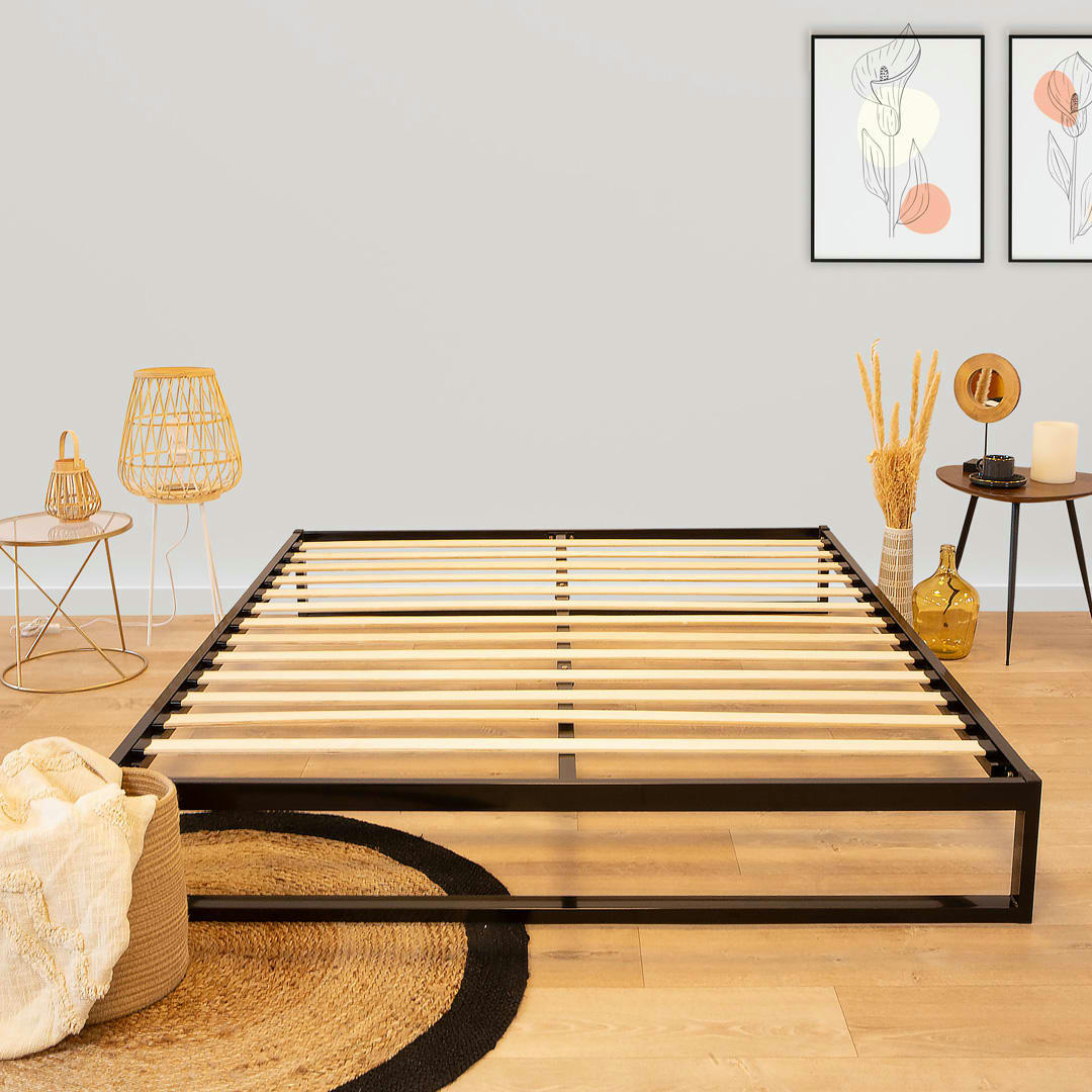 PANDORE - Sommier à lattes en métal  140x190  Coloris Noir  Livré en kit