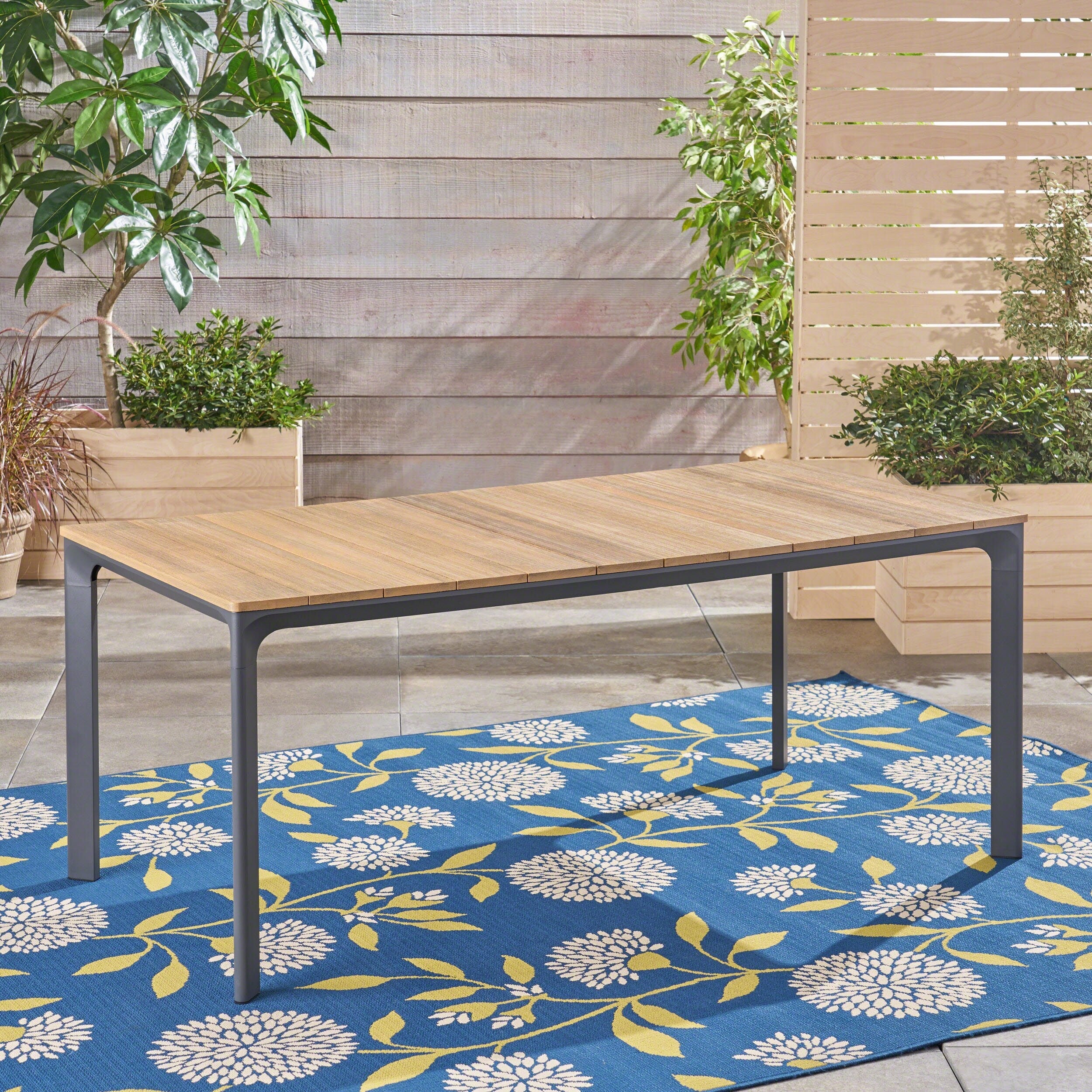 Roomfitters Rectangular Outdoor Dining Table with Faux Wood Top and Metal Frame, Weather-Resistant Patio Table, Natural