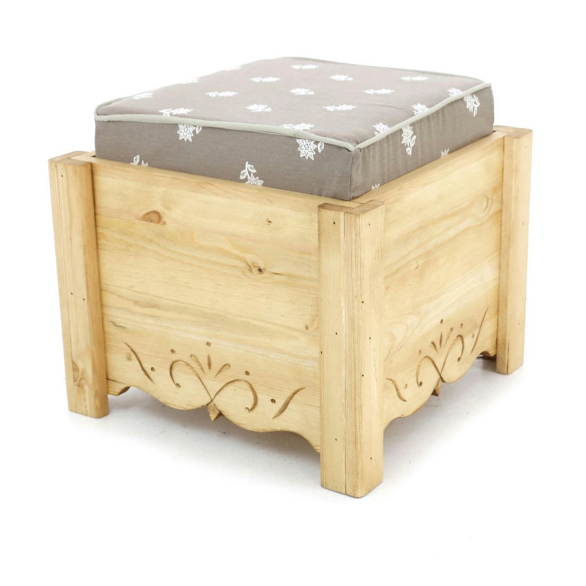 DAHU - Pouf coffre de rangement pin massif sculpté Edelweiss taupe Aspin