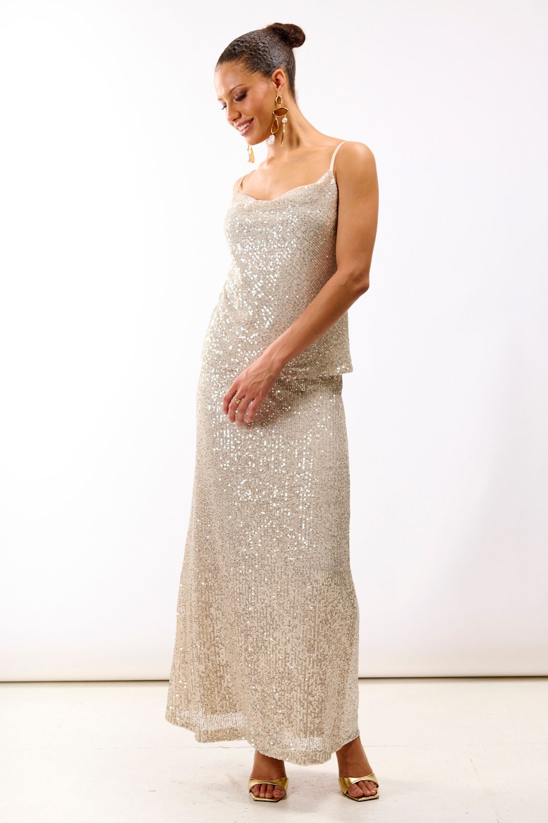 Needs No Label Cream Sequin Cowl Neck Cami Top