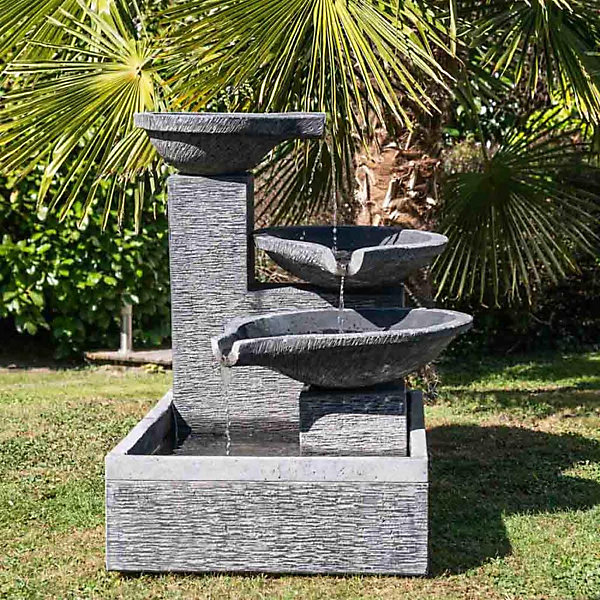 Fontaine de jardin à débordement bassin 3 vasques noire grise
