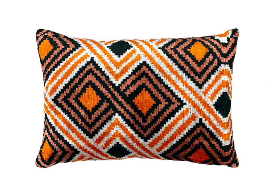 - Housse de coussin velours soie ikat  40x60 orange