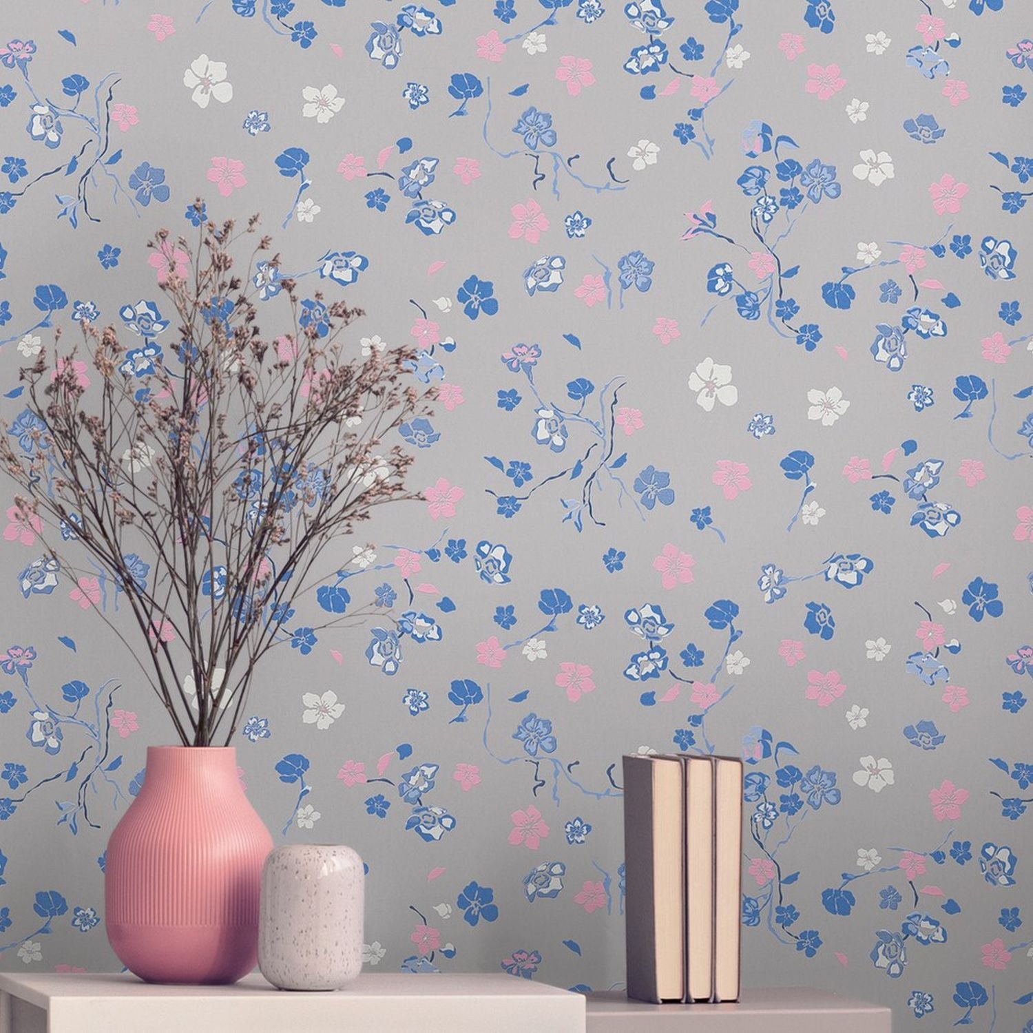 Livingwalls behang bloemmotief grijs, blauw, roze en wit - 53 cm x 10.05 m - AS-389074