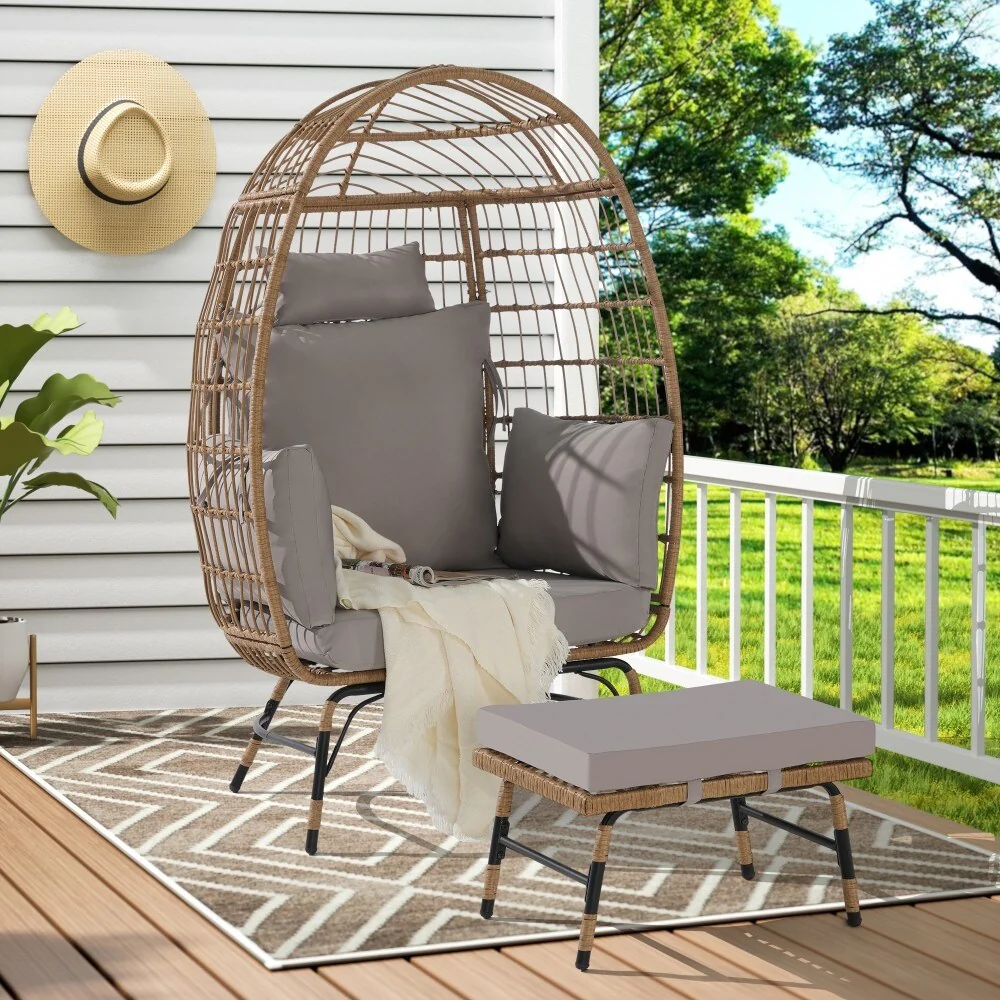 Outdoor Oversized Wicker Rattan Egg Chair with Ottoman and Thick Cushions for Porch