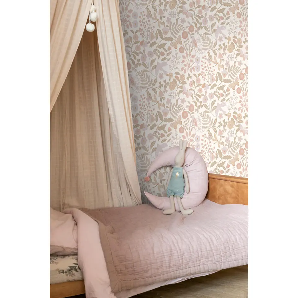 ESTAhome behang bloemen en vogels wit, beige en zacht roze - 53 cm x 10.05 m