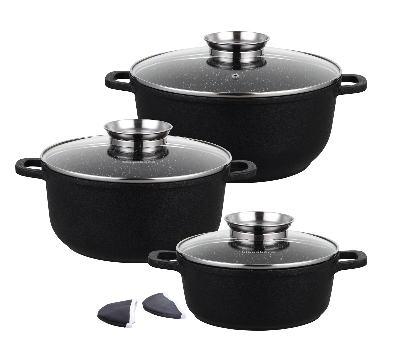 Zestaw 3 garnków z powłoką granitową 2.5l/ 4.3l/6.8L (8 ele.) KLAUSBERG
