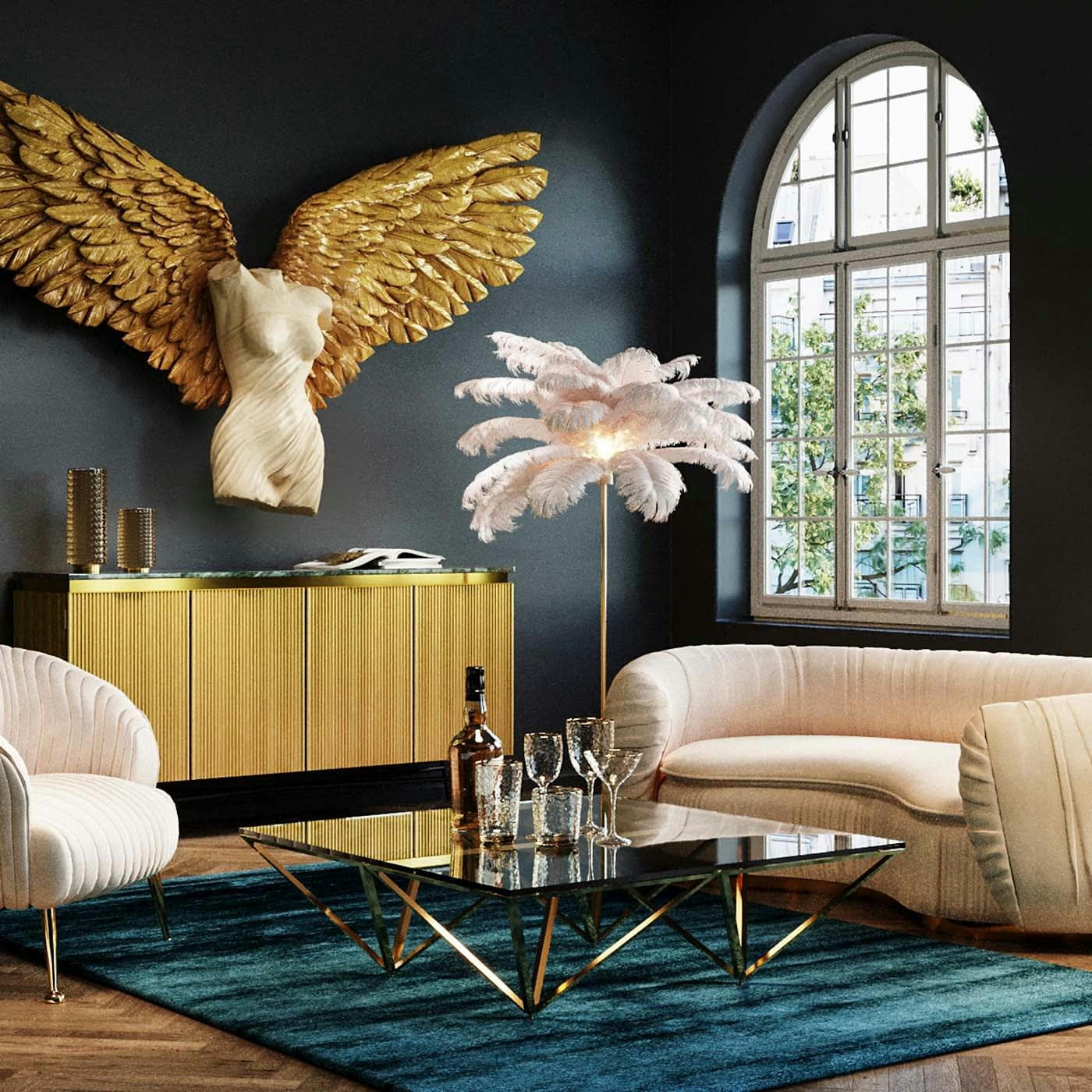 NETWORK - Table basse carrée en acier doré et verre