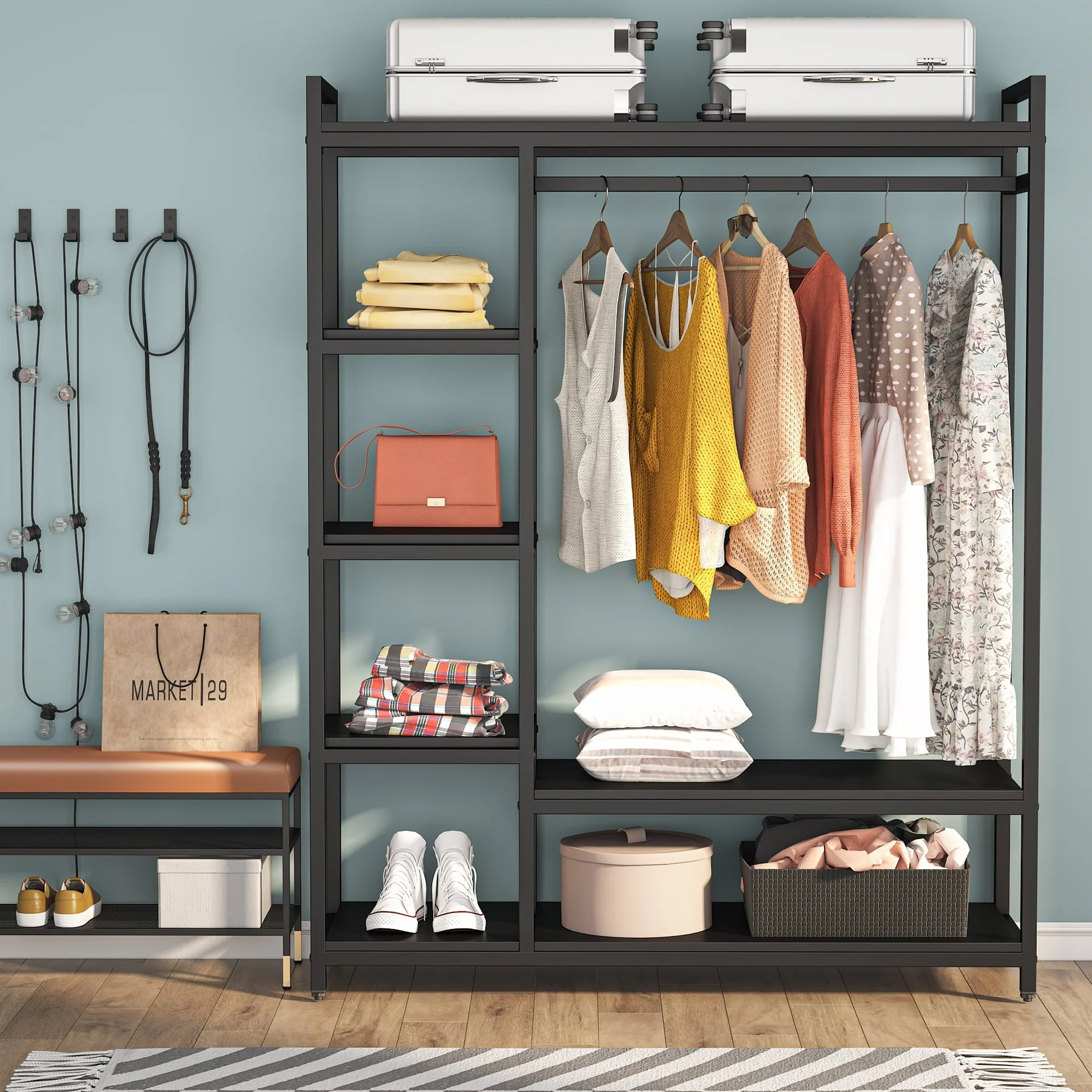 79 inche tall Freestanding Clothes Closet, Garment Rack with Shelves and Hanging rod clothing closet