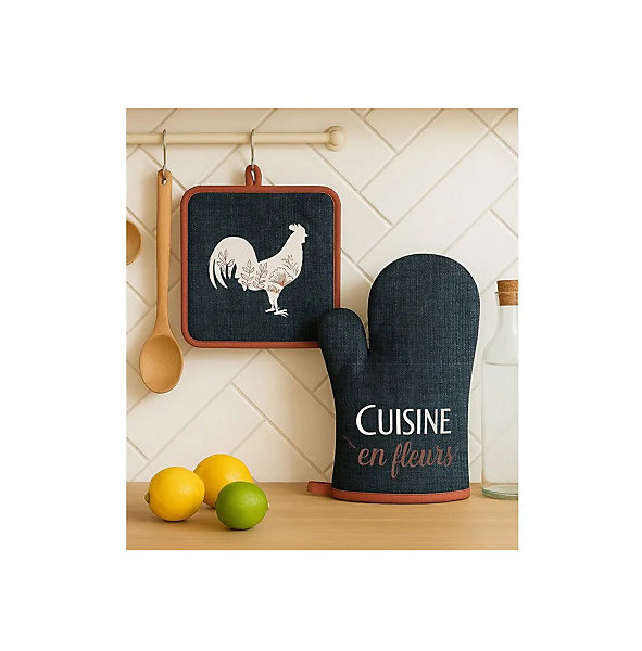Gant et manique de cuisine Coq et fleurs