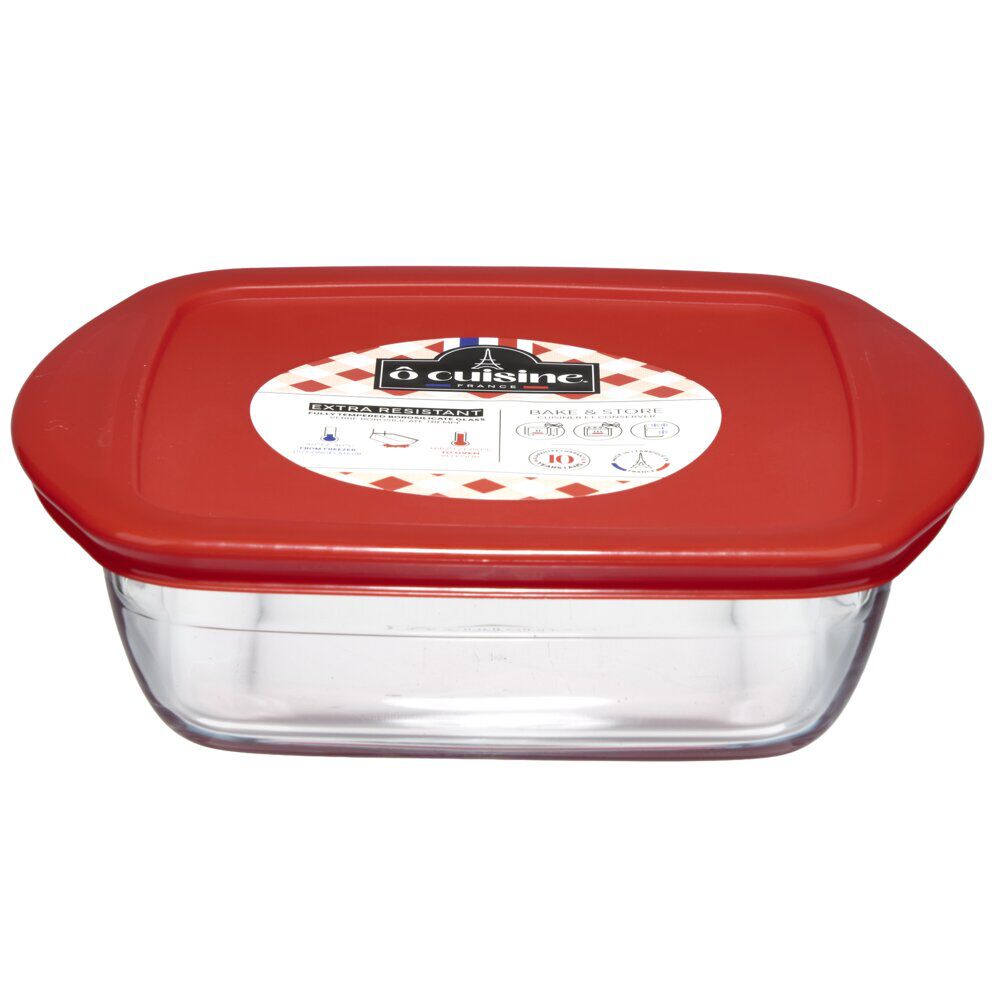 Plat de cuisson carré en verre avec couvercle en plastique 1 L
