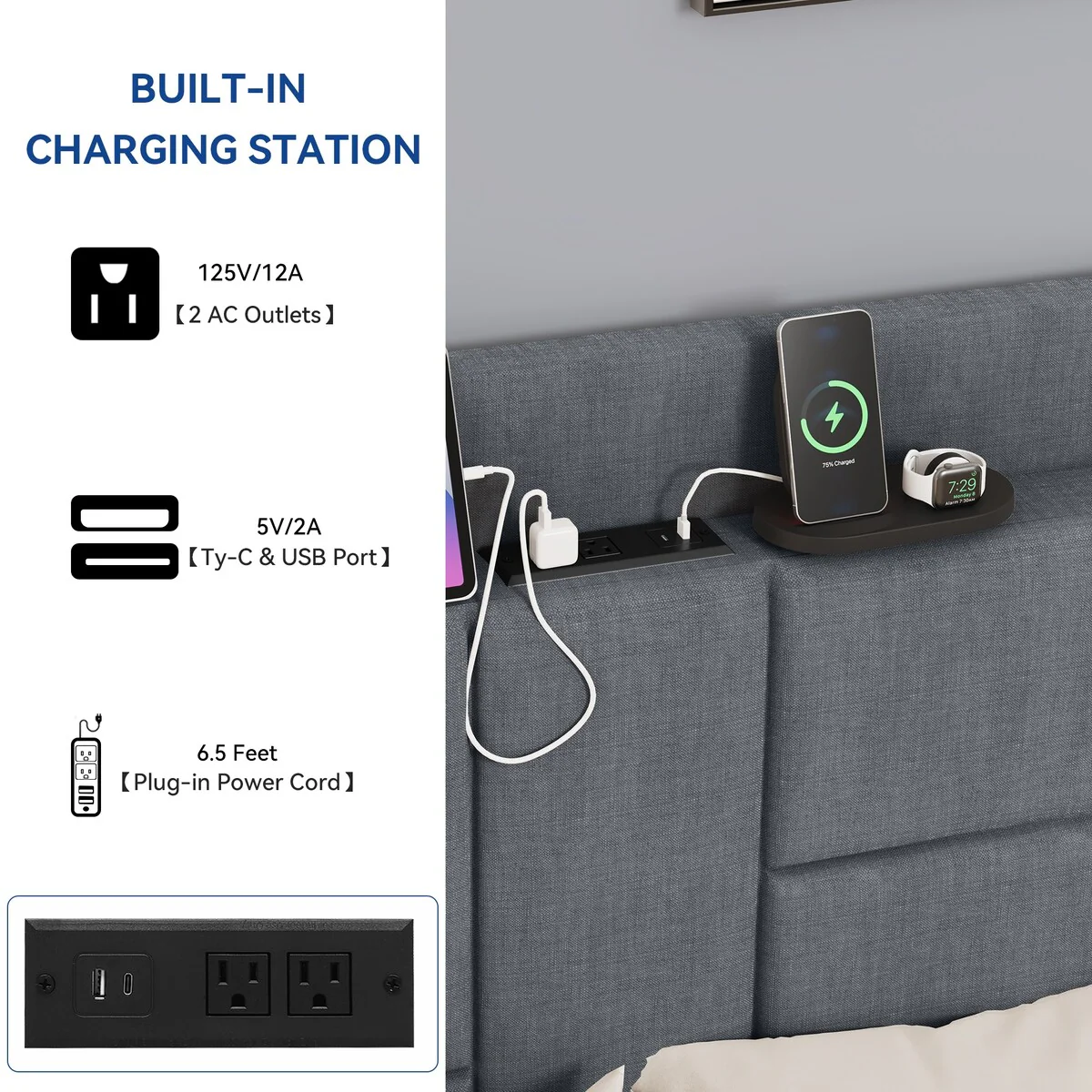 Moasis Queen Size Linen Bed Frame with Shelving Headboard