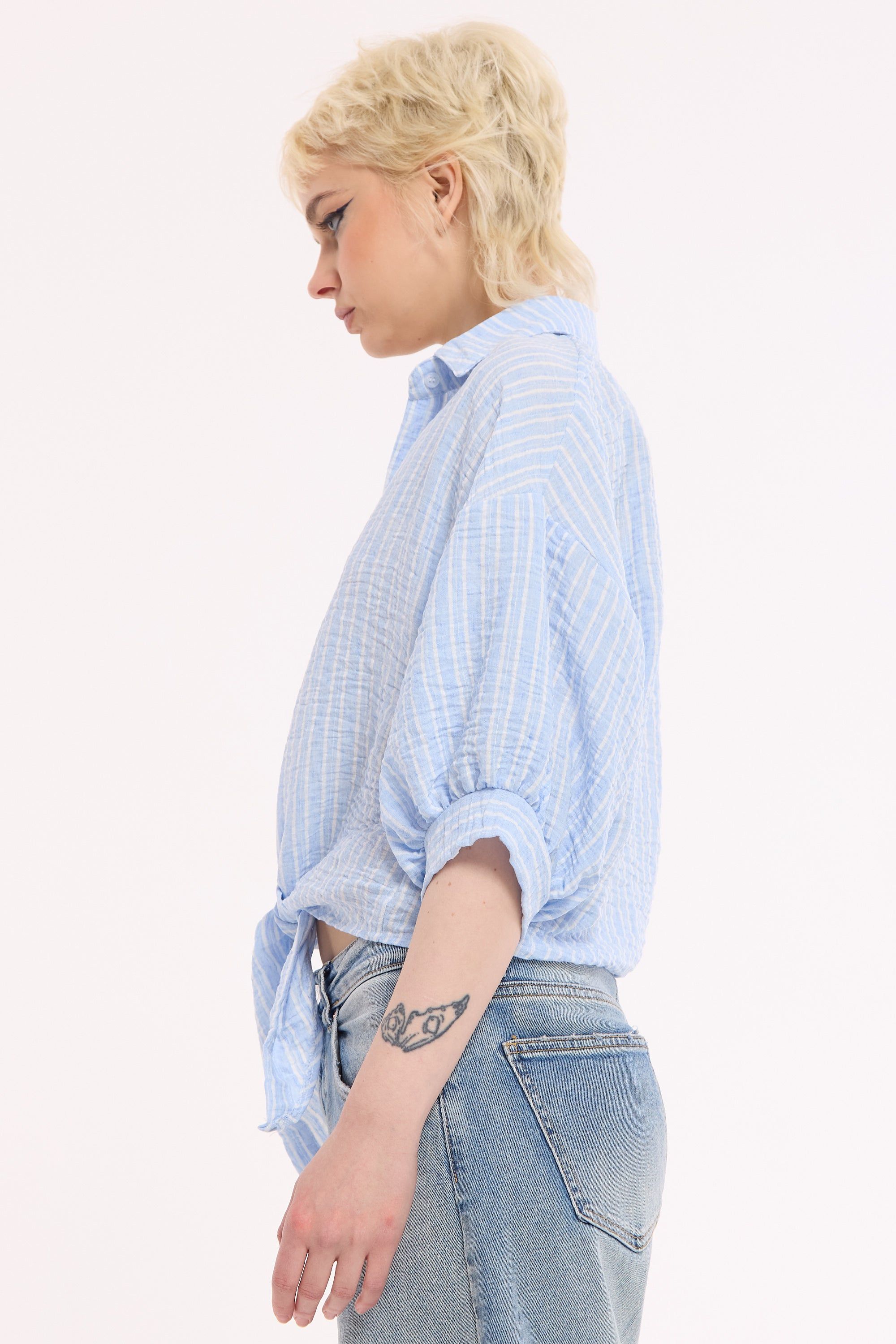 House of Holland Blue Striped Cotton Tie Front Shirt