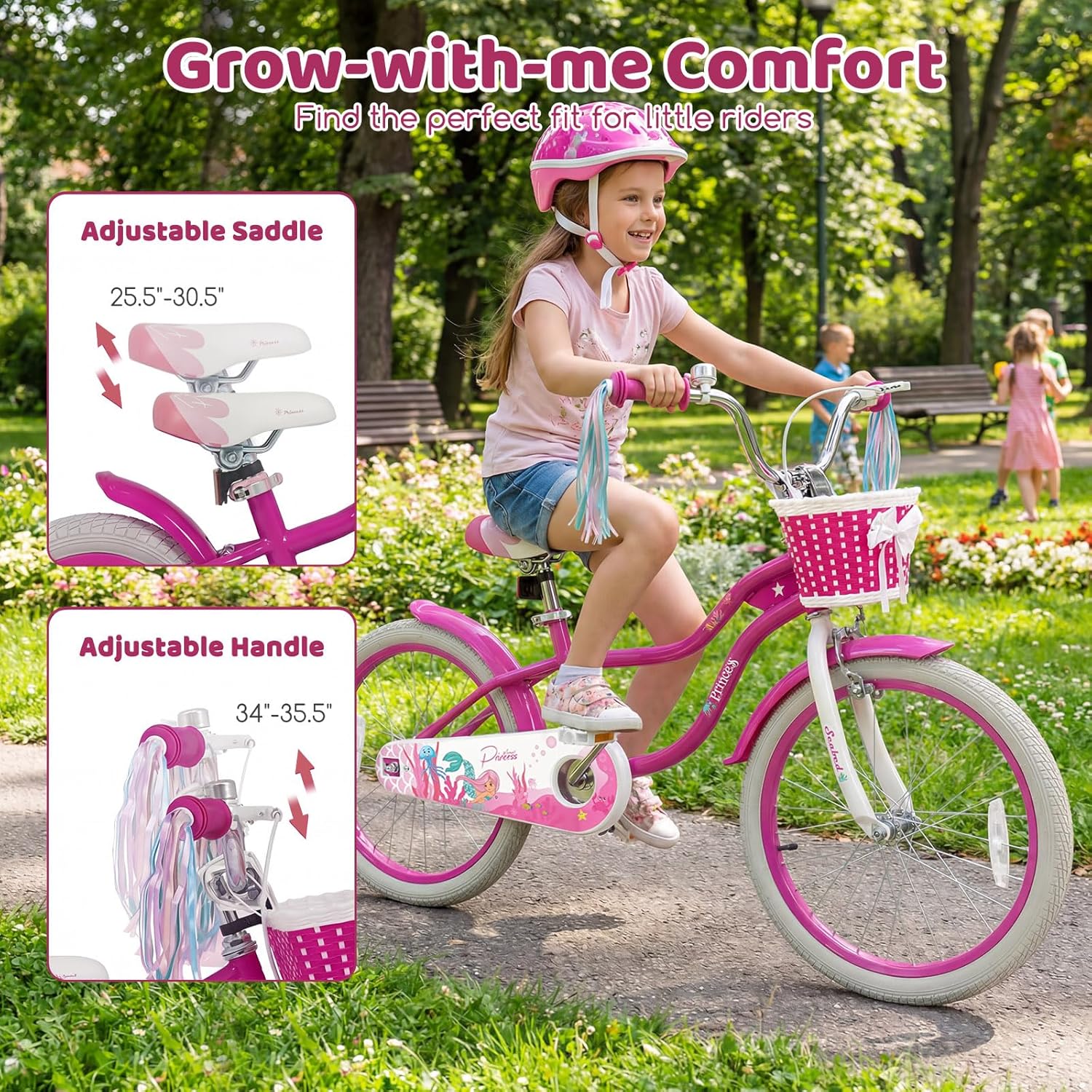 COSTWAY Mermaid Kids Bike, 12/14/16/18/20 Inch Toddler Bike w/Removable Training Wheels, Streamers, Doll Storage Basket, Handbrake & Coaster Brake, Children Kids Bicycle for 3+ Years Old Boys & Girls