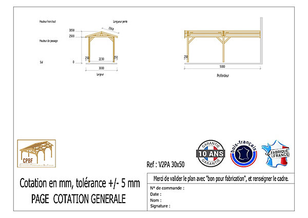 Carport adossé deux pentes 300cmx550cm bois DOUGLAS Français (Charpente en bois-auvent-abri voiture) 17m². Garantie 10 ans