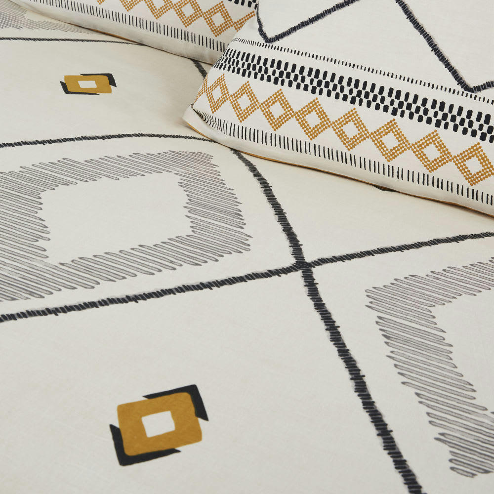 AMA - Parure de lit en coton écru, gris, noir et jaune moutarde imprimée 240x260