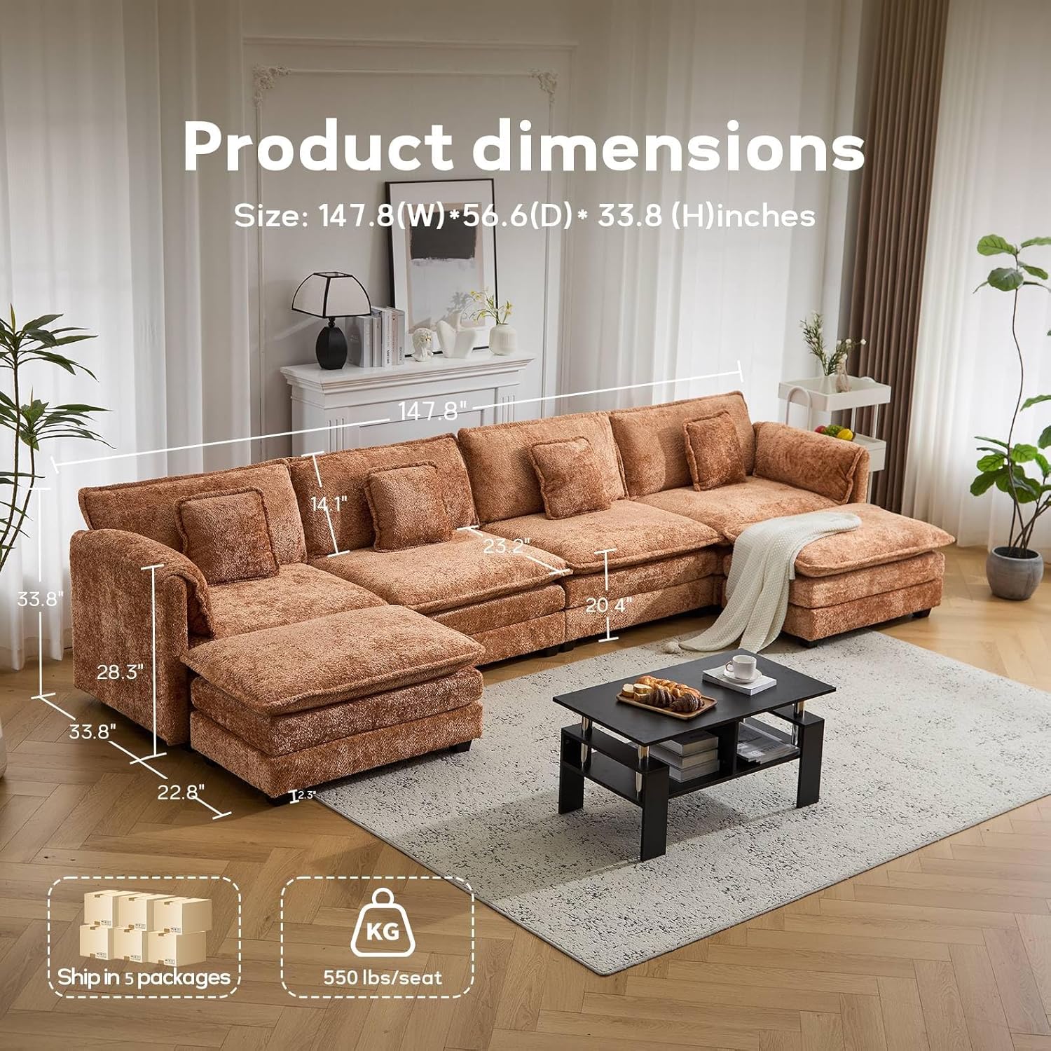 147.8 U Shaped Modular Sectional Sofa, Comfy Cloud Couch with Movable Ottoman, Deep Seat Modular Sofa, Sectional Couches for Living Room, Bedroom, Apartment (Orange)