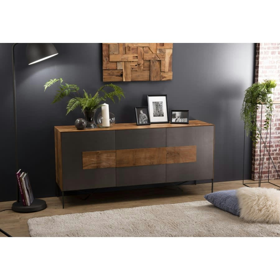 MADISON - Buffet 2 portes 3 tiroirs teck recyclé pieds en métal gris anthracite