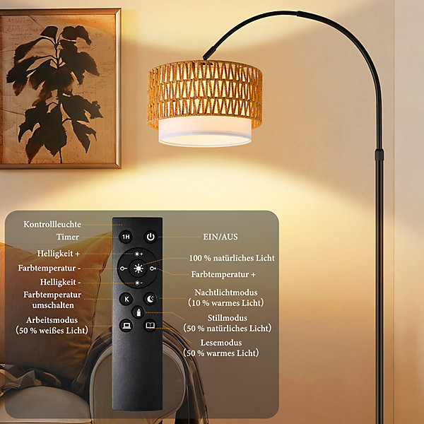 Nettlife Lampadaire Arqué en Rotin Style BohèmeVintage Dimmable, Noir