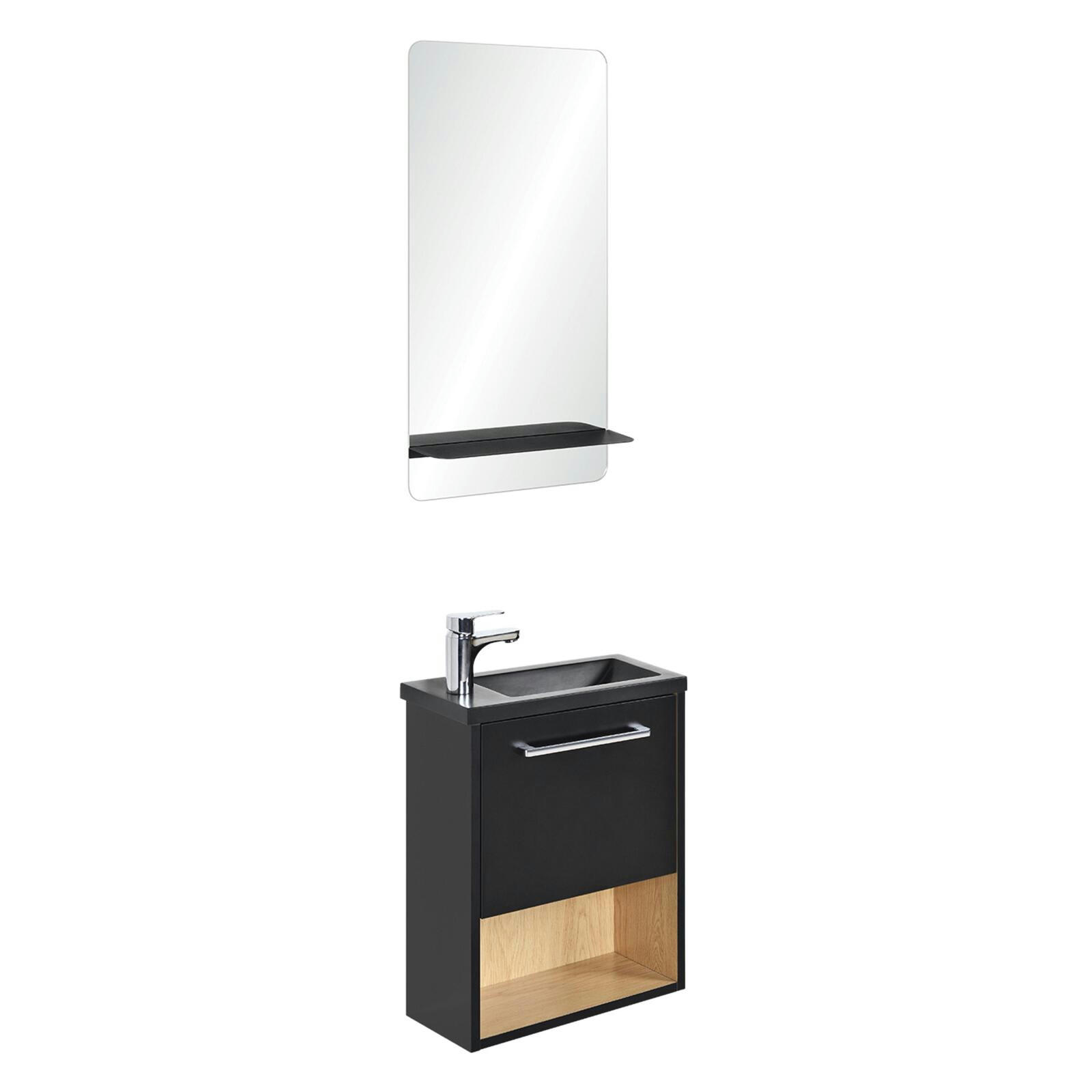 NIKA - Meuble lave-mains  Noir intérieur décor chêne + robinet chromé +miroir