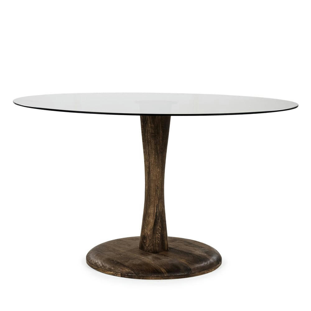 BOOGIE - Table à manger ronde en verre et bois de manguier D130cm bois foncé
