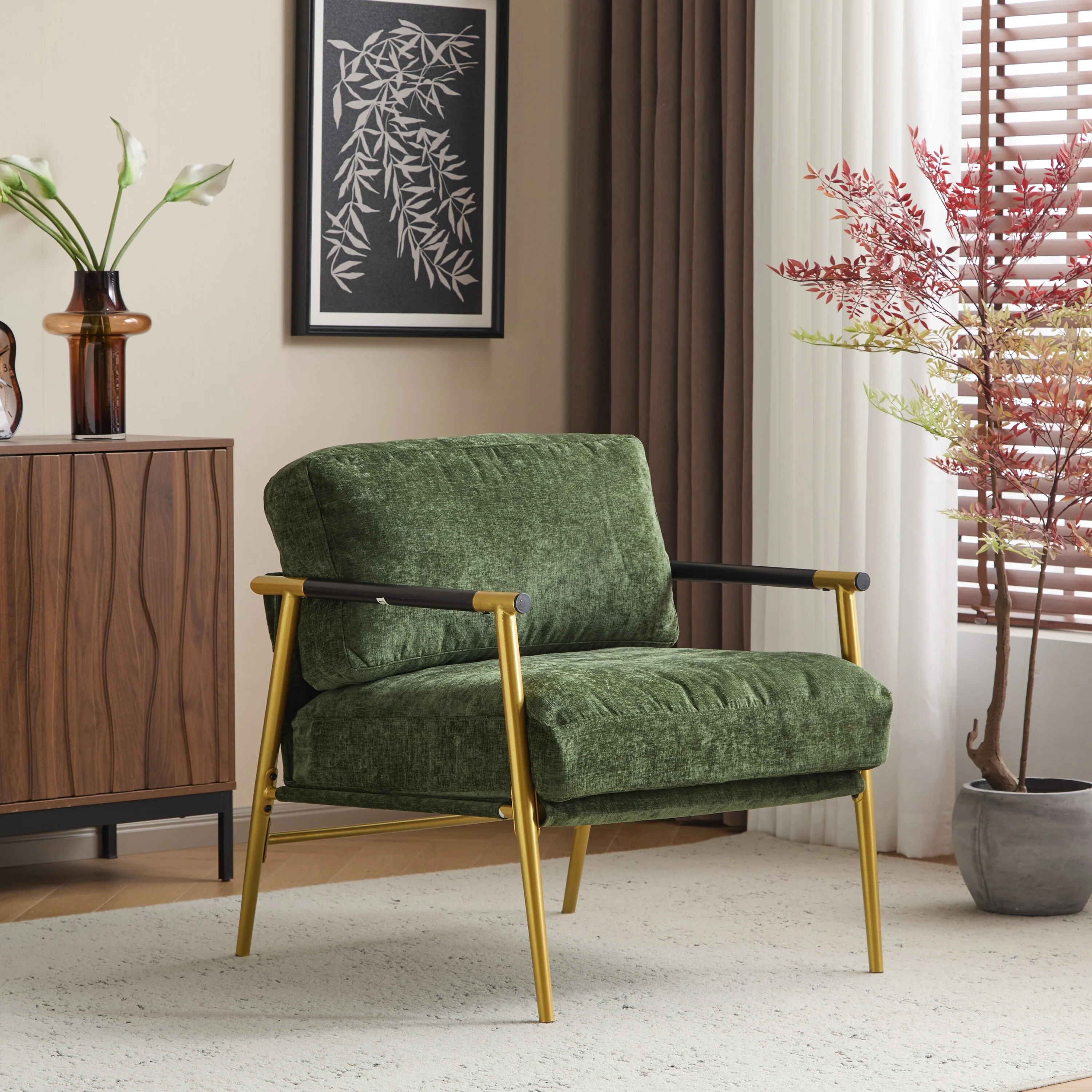 27.56 Modern Accent Chair with Plush Cushions, Minimalist Metal Frame, and Wooden Armrest Design