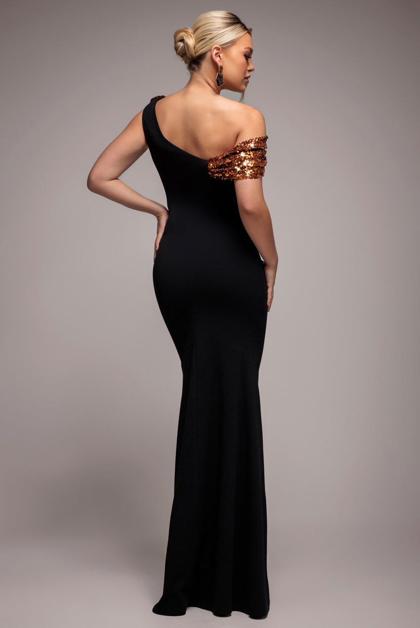 Goddiva Cowl One Shoulder Contrast Sequin & Scuba Crepe Maxi Dress