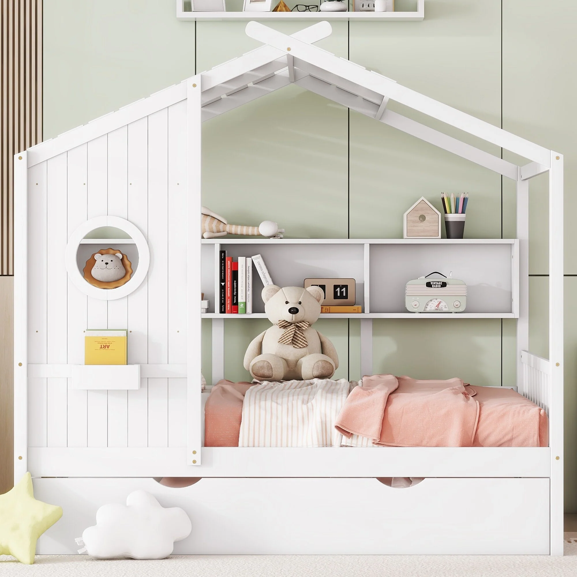 Wooden Full Size Playhouse Bed with Trundle and Storage, Perfect for Kids' Bedrooms