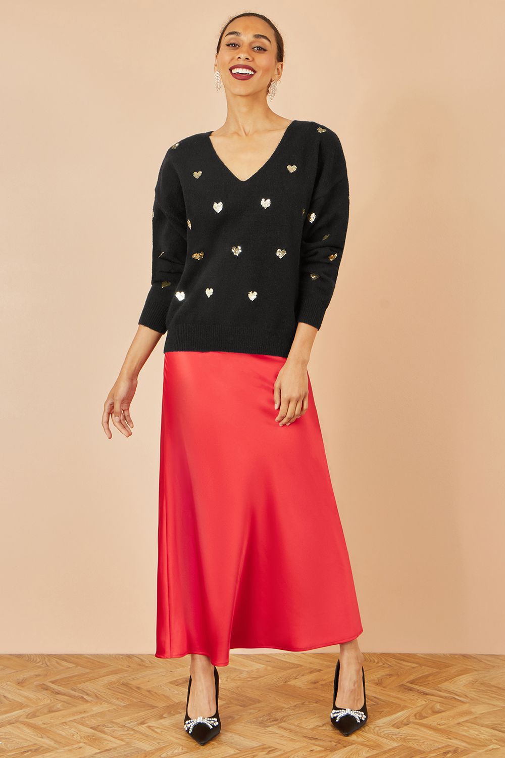 Yumi Black Sequin Heart V Neck Jumper