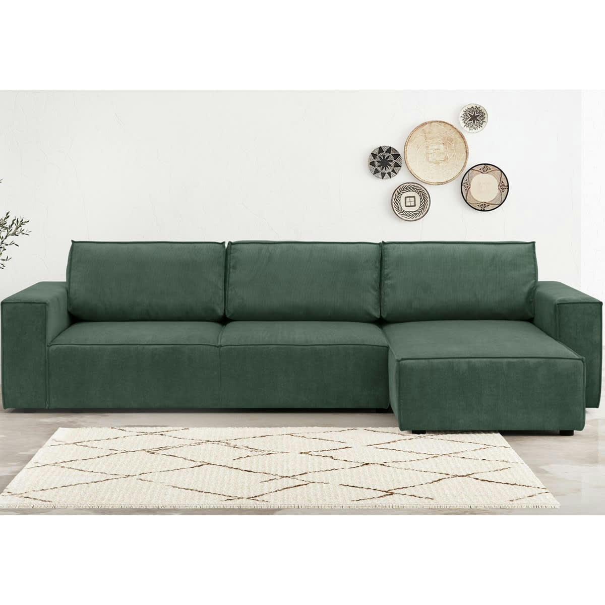 HARPER - Canapé d'angle convertible 5 places en velours fines côtes vert